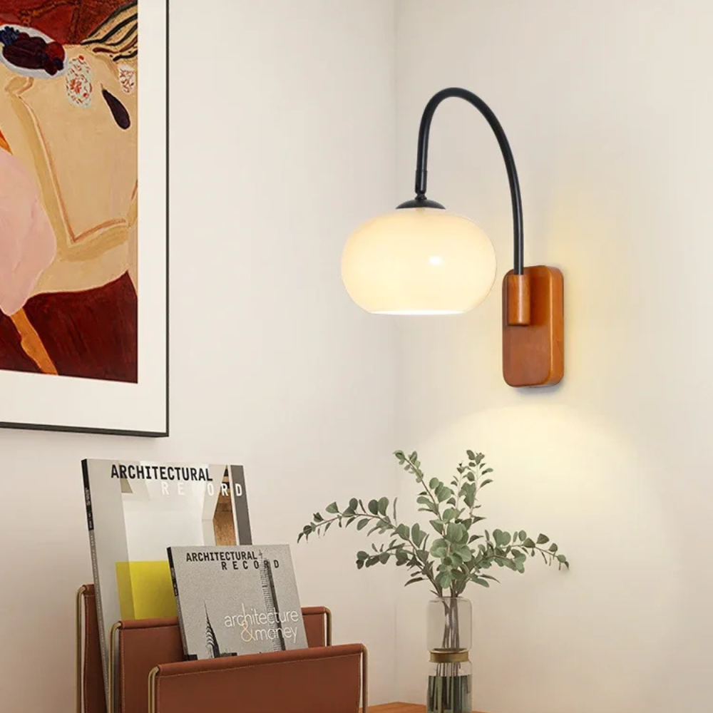 AbodeGlow | Vintage Wall Lamp with Curved Arm and Frosted Glass Shade