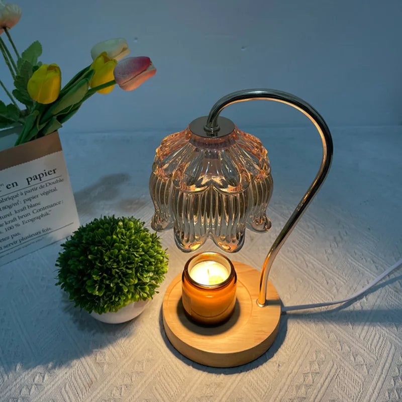 GlowPetal | Vintage-Style Glass Table Lamp with Wooden Base