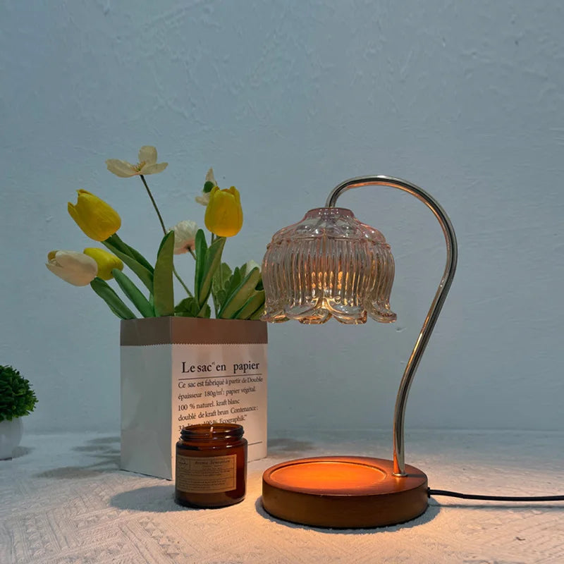 GlowPetal | Vintage-Style Glass Table Lamp with Wooden Base