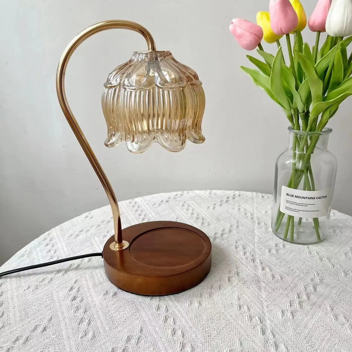 GlowPetal | Vintage-Style Glass Table Lamp with Wooden Base