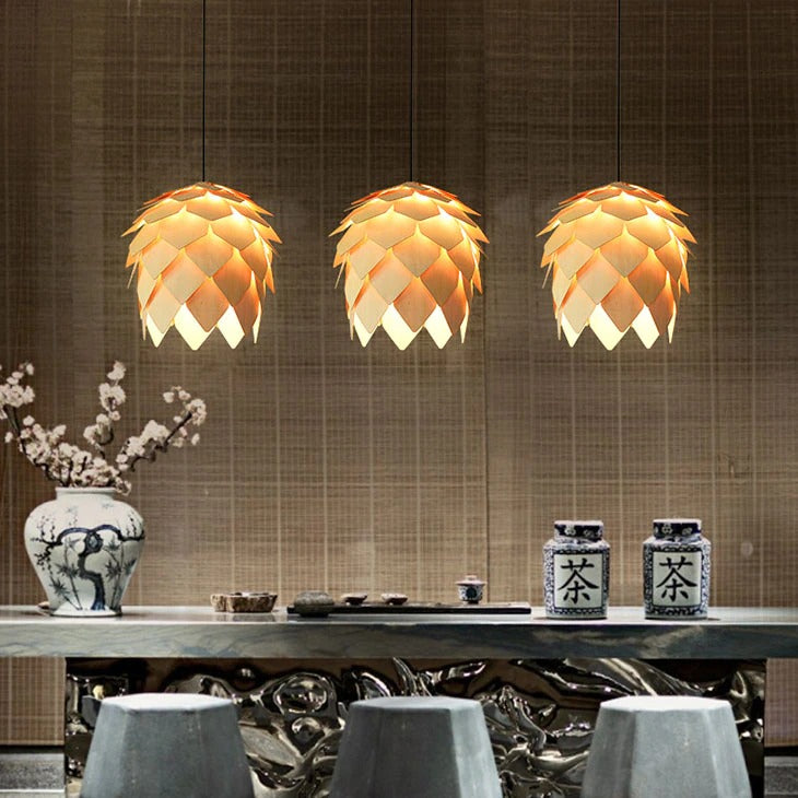 Solyntra | Sculptural Oak Pendant Lamp With Pinecone Design