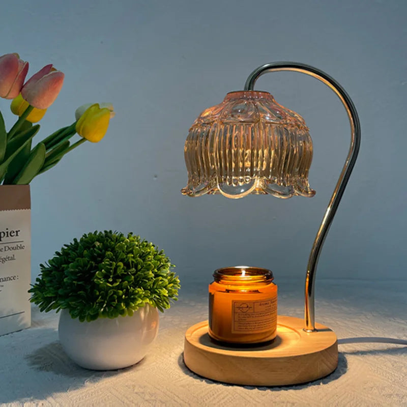 GlowPetal | Vintage-Style Glass Table Lamp with Wooden Base