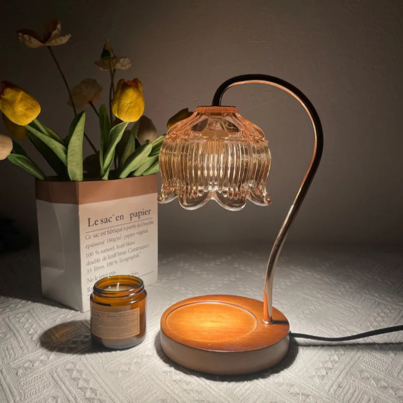 GlowPetal | Vintage-Style Glass Table Lamp with Wooden Base