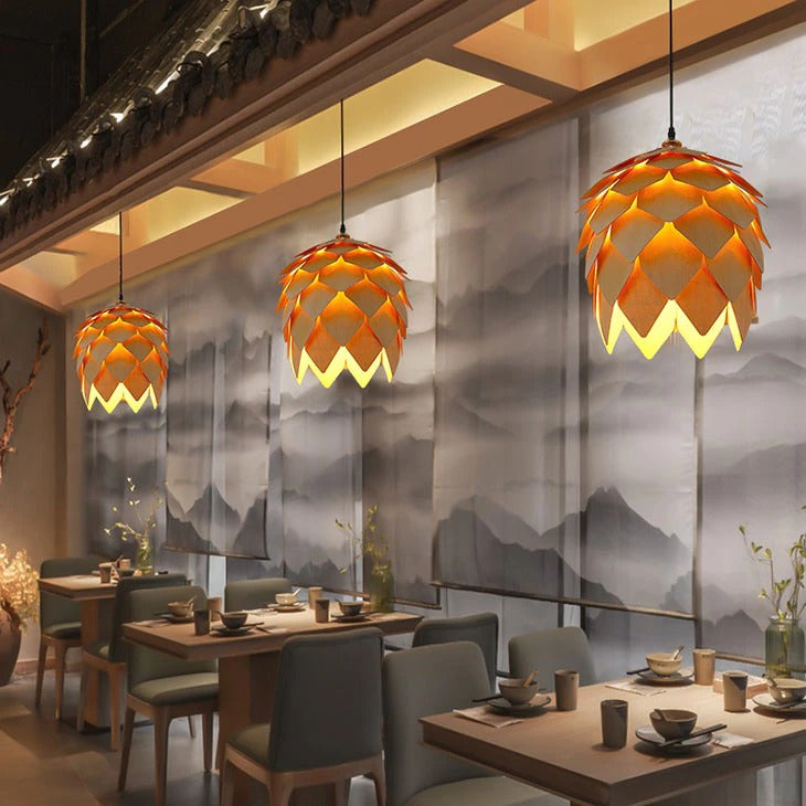 Solyntra | Sculptural Oak Pendant Lamp With Pinecone Design